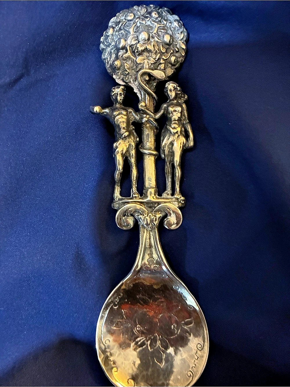 Adam and Eve Caddy Spoon Ornate Figural Silver Serving Spoon